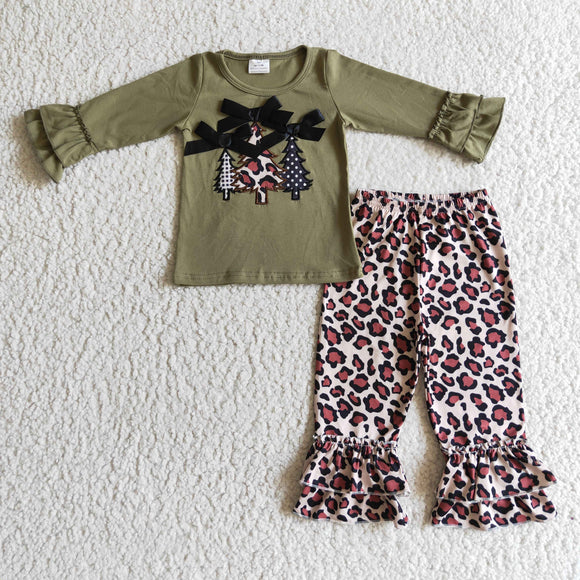 Trees Bows Leopard Print Green Girls Christmas Outfits