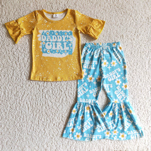 Promotional Daddy's Girls Letters Yellow Blue Girls Short Sleeve+Trousers Sets