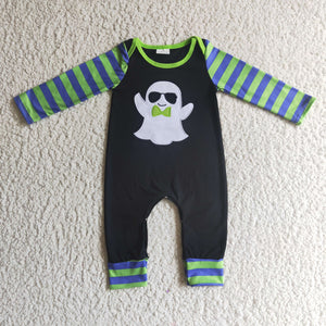 Ghost Green Purple Stripes Black Boys Halloween Romper