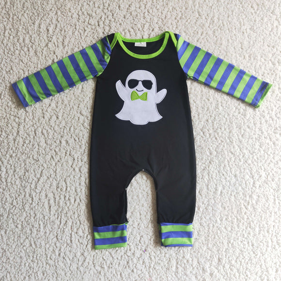 Ghost Green Purple Stripes Black Boys Halloween Romper