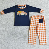 Pumpkin Truck Embroidery Navy Orange Plaid Boys Long Sleeve+Trousers Sets