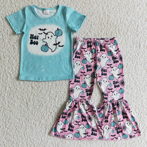 Hey Boo Letters Blue Pink Ghost Girls Halloween Outfits