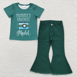 Mommy's favourite model Black Green Jeans Girls Short Sleeve+Trousers Sets