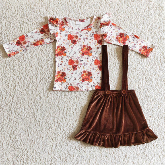 Floral White Top Brown Velvet Suspenders Skirts Girls Overalls Sets