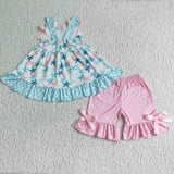 Promotional Sky Blue Starfish Pink Girls Shorts Sets