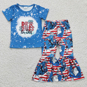 Cartoon Cats Reading Blue Red Stripe Girls Short Sleeve+Trousers Sets