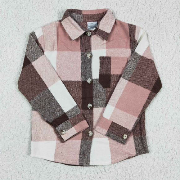 Pink Gray Plaid Shirt Girls Long Sleeve Top