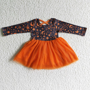 Promotional Night Moon Stars Orange Gauze Girls Halloween Dress