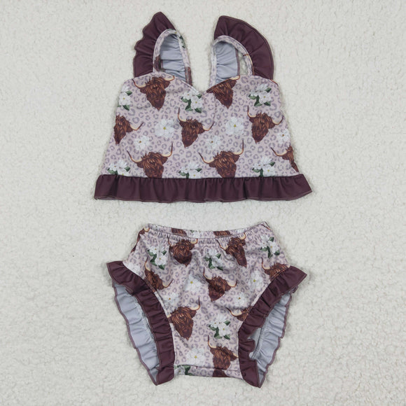 Highland Cow Floral Brown Ruffles Girls Swimsuits