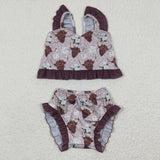 Highland Cow Floral Brown Ruffles Girls Swimsuits