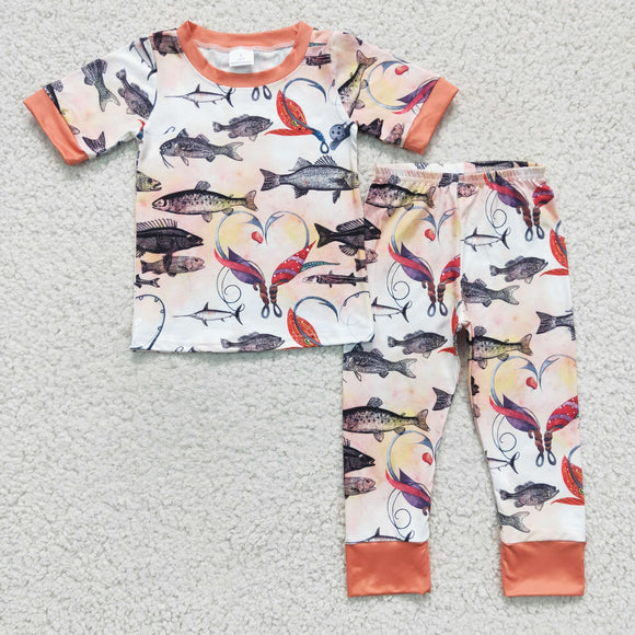 Promotional Fishing Love Orange Boys Short Sleeve Pajamas