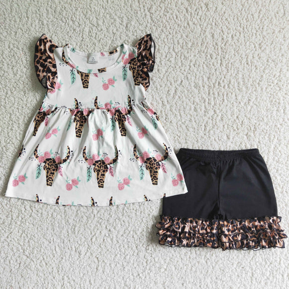 Floral Cow Leopard Print Girls Shorts Sets