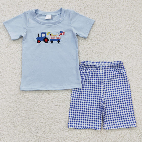 Truck Dog Blue Plaid Boys 4th of July Outfits