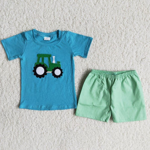 Tractor Embroidery Blue Boys Shorts Sets