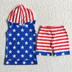 Promotional Stars Blue Red Hoodie Sets Boys 4th of July Outfits