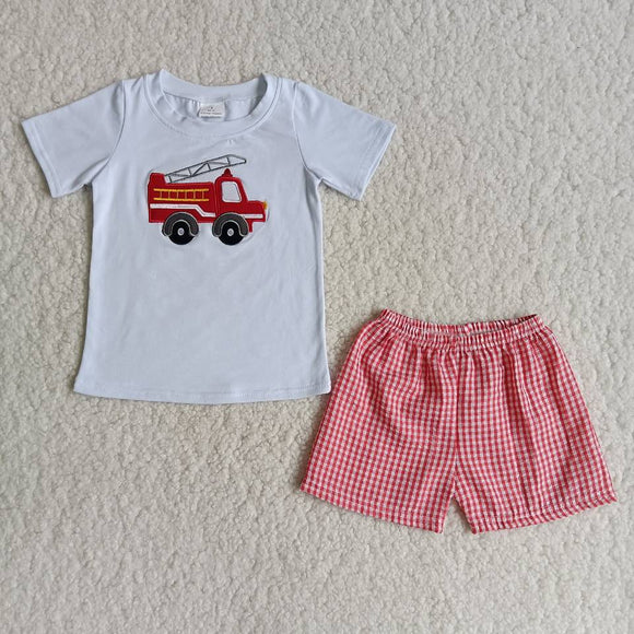 Promotional Fire Fighting Truck Red Plaid Boys Shorts Sets