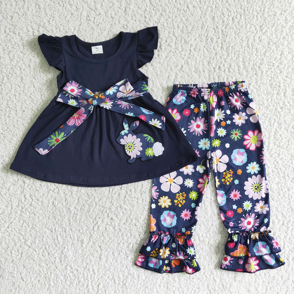 Promotional Bunny Embroidery Floral Navy Belt Girls Easter Outfits