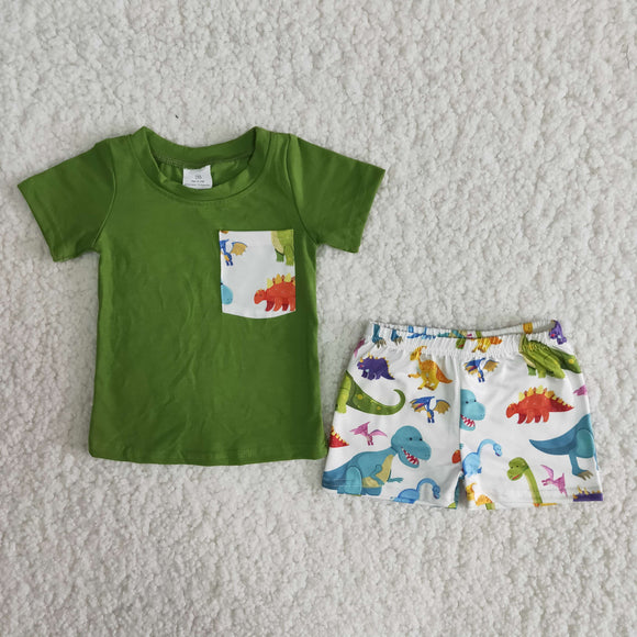 Dinosaur Pocket Green Boys Shorts Sets