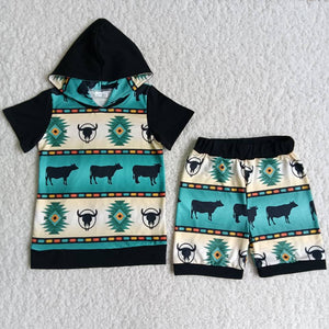 Promotional Aztec Cow Summer Hoodie Sets Boys Shorts Sets