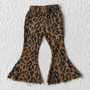 02 Leopard Print Distressed Flared Girls Jeans Pants