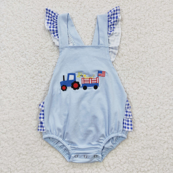 Truck Dog Blue Plaid Girls 4th of July Romper