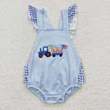 Truck Dog Blue Plaid Girls 4th of July Romper