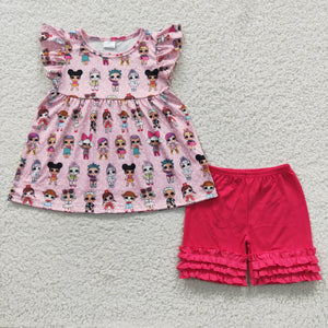 Cartoon Polka Dots Pink Girls Shorts Sets