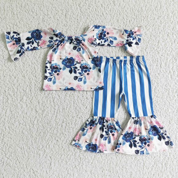 Promotional Floral Blue White Stripes Girls Long Sleeve+Trousers Sets