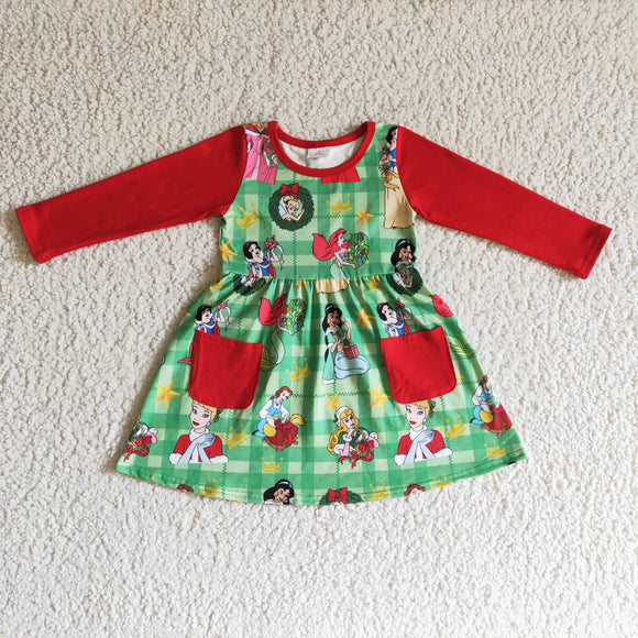 Promotional Princess Green Plaid Pockets Red Girls Christmas Dress