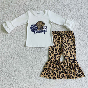 Football Team Leopard Print White Girls Long Sleeve+Trousers Sets