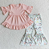 Promotional Solid Pink Cute Cows Girls Short Sleeve+Trousers Sets