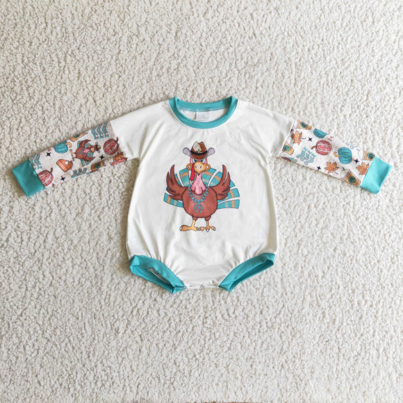 Turkey Cup Blue White Girls Thanksgiving Romper