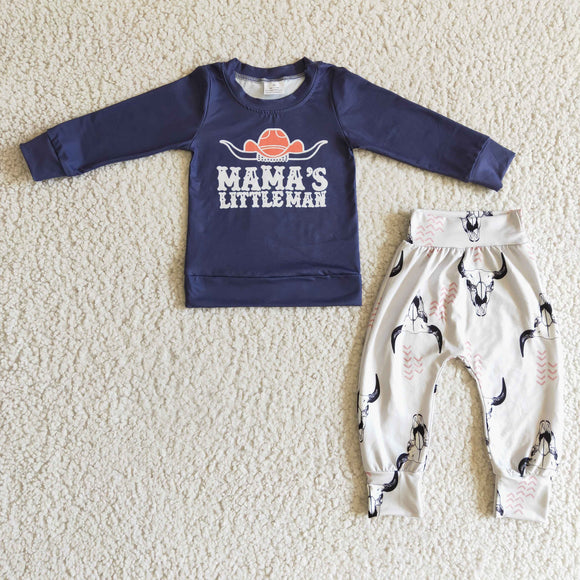 Promotional Mama's Little Man Letters Highland Cow Navy White Boys Long Sleeve+Trousers Sets