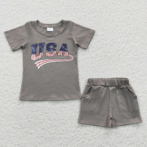 USA Letters Gray Boys 4th of July Outfits