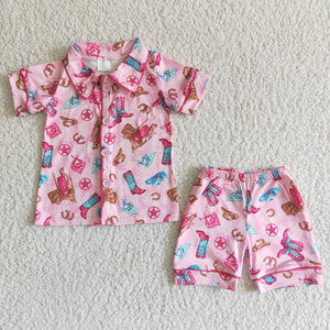 Cowgirl Boots Pink Girls Short Sleeve Pajamas