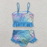 Scale Sky Blue Girls Swimsuits