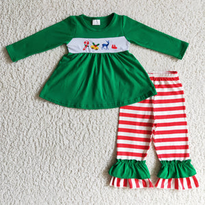Reindeer Bell Embroidery Red Stripe Green Girls Christmas Outfits