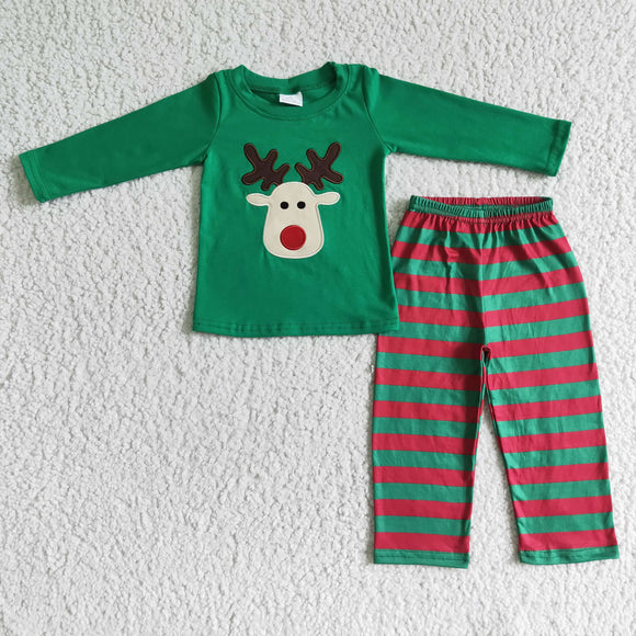 Reindeer Embroidery Green Stripes Boys Christmas Outfits