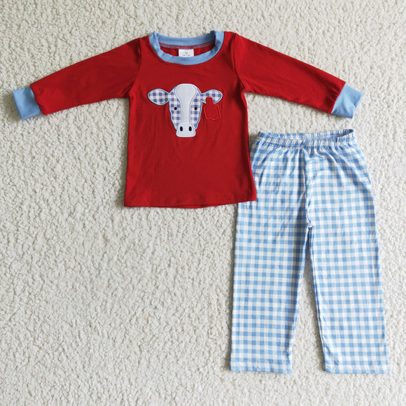 Promotional Cow Embroidery Sky Blue Plaid Red Boys Christmas Outfits