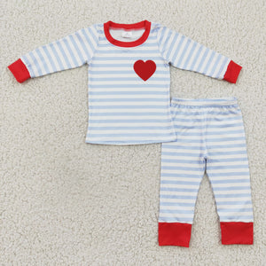 Love Embroidery Stripe Red Sky Blue Boys Valentine Pajamas