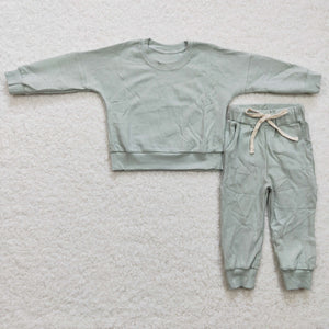 Limited inventory!-Solid Mint Cotton Boys Long Sleeve+Trousers Sets