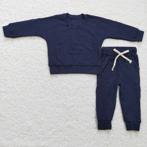 Limited inventory!-Solid Navy Cotton Boys Long Sleeve+Trousers Sets