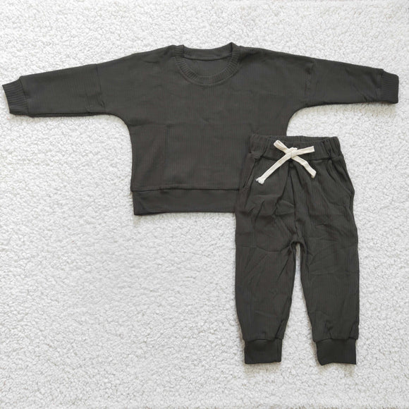 Limited inventory!-Solid Dark Green Cotton Boys Long Sleeve+Trousers Sets