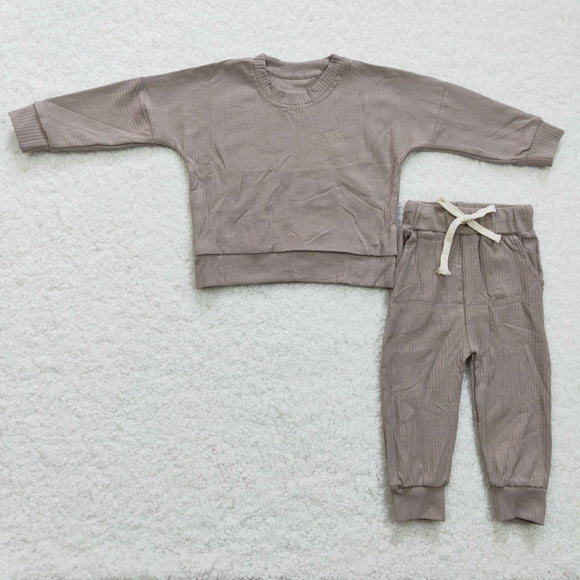 Limited inventory!-Solid Light Brown Cotton Boys Long Sleeve+Trousers Sets