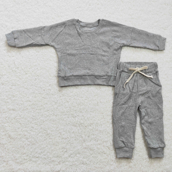 Limited inventory!-Solid Gray Cotton Boys Long Sleeve+Trousers Sets