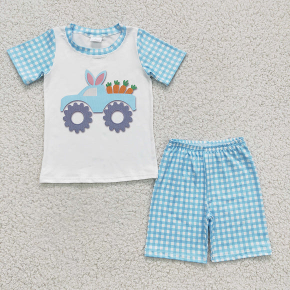 Promotional Tractor Carrots Sky Blue Plaid Boys Easter Outfits