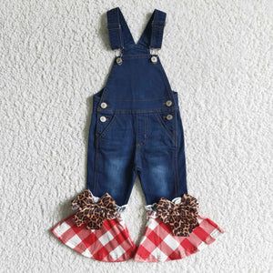 Red Plaid Kids Suspender Flared Jeans Pants