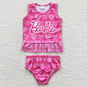 Cartoon Doll Love Hot Pink Girls Swimsuits