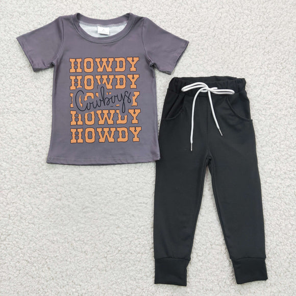 Howdy Cowboys Gray Black Boys Short Sleeve+Trousers Sets