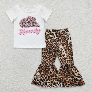 Howdy Hat Leopard Print White Girls Short Sleeve+Trousers Sets